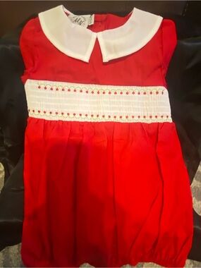 Red Smocked One-Piece with White Peter Pan Collar